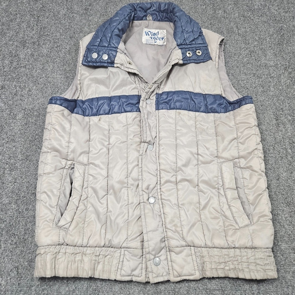 Vintage Gorpcore Puffer Vest M Gray Blue Snap Front Quilted 80s Outdoor Heritage